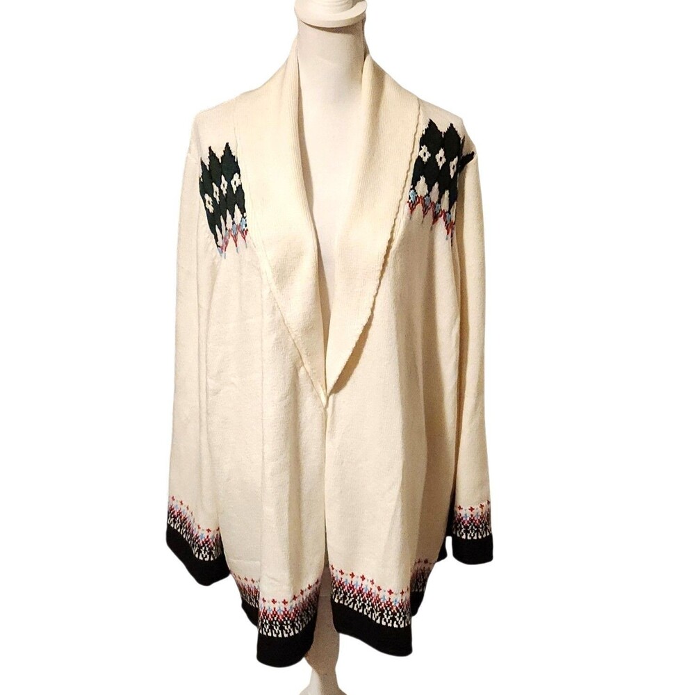 Lane Bryant Open Front Cardigan Shawl Collar Fair Isle on Cream Women Size 26/28